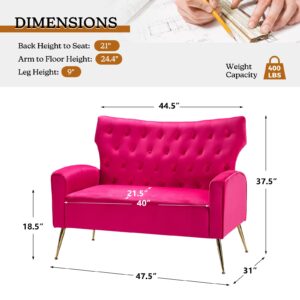 HULALA HOME Velvet Loveseat Sofa with Wingback & Gold Legs, Modern Button-Tufted 2-Seater Sofa for Living Room Bedroom, Comfy Upholstered Small Love Seat Couch, Fushia