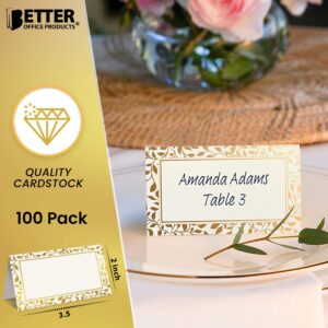 Better Office Products 100 Pack Place Cards, 2 x 3.5 in, White with Metallic Gold Leaf Foil Border, Folded Table Tent Cards for Weddings, Dinner Parties, Buffet Banquets,(100 Count)