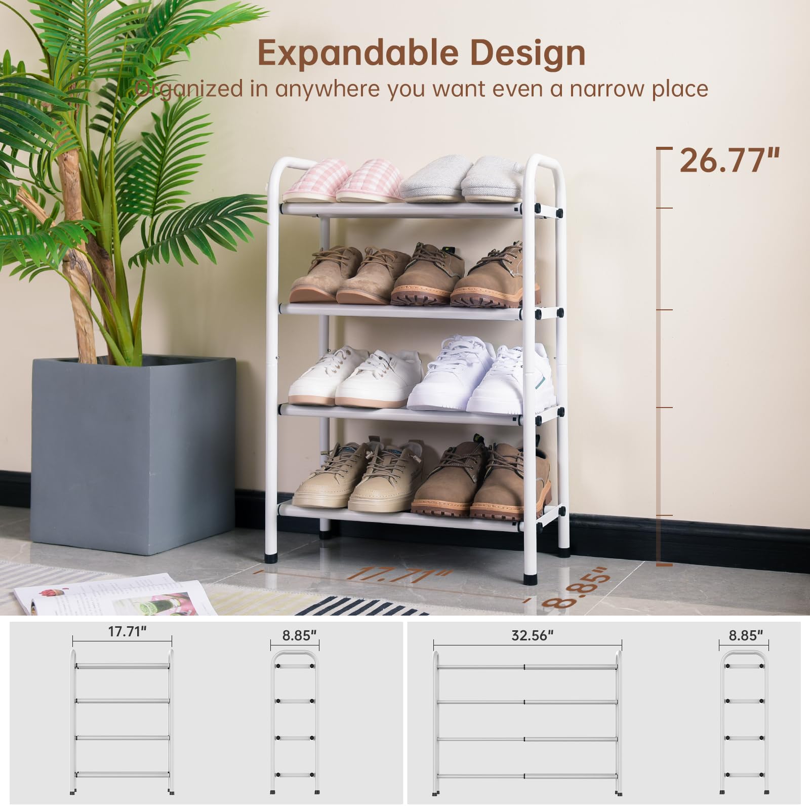 Gonfoam 4-Tier Expandable Shoe Rack,Adjustable Shoe Shelf Storage Organizer Heavy Duty Metal Free Standing Shoe Rack for Entryway Closet Doorway (White)