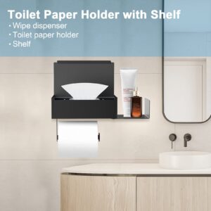 Toilet Paper Holder with Shelf, FUNLEU Flushable Wipes Dispenser for Bathroom, Self Adhesive Toilet Paper Holder with Storage - Stainless Steel Toilet Holder Keep Wipes Hidden Out of Sight, Black