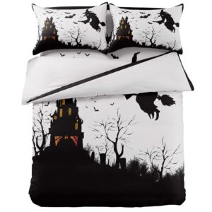 Chucoco Queen Duvet Covers Set Halloween Black Witch Broom 4 Pcs Bedding Sets Brushed Microfiber Quilt Covers Lightweight Cozy Flat Sheet with 2 Pillowcases Haunted House Graveyard Bats