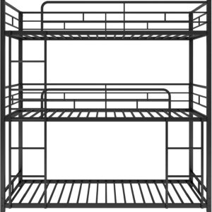 DNYN Twin Triple Bunk Bed with Built-in Ladder,Twin-Over-Twin-Over-Twin Size Metal Bunkbeds w/Safety Guardrails for Kids/Teen/Adults Bedroom,Home Furniture for Dorm,Guest Room, Black