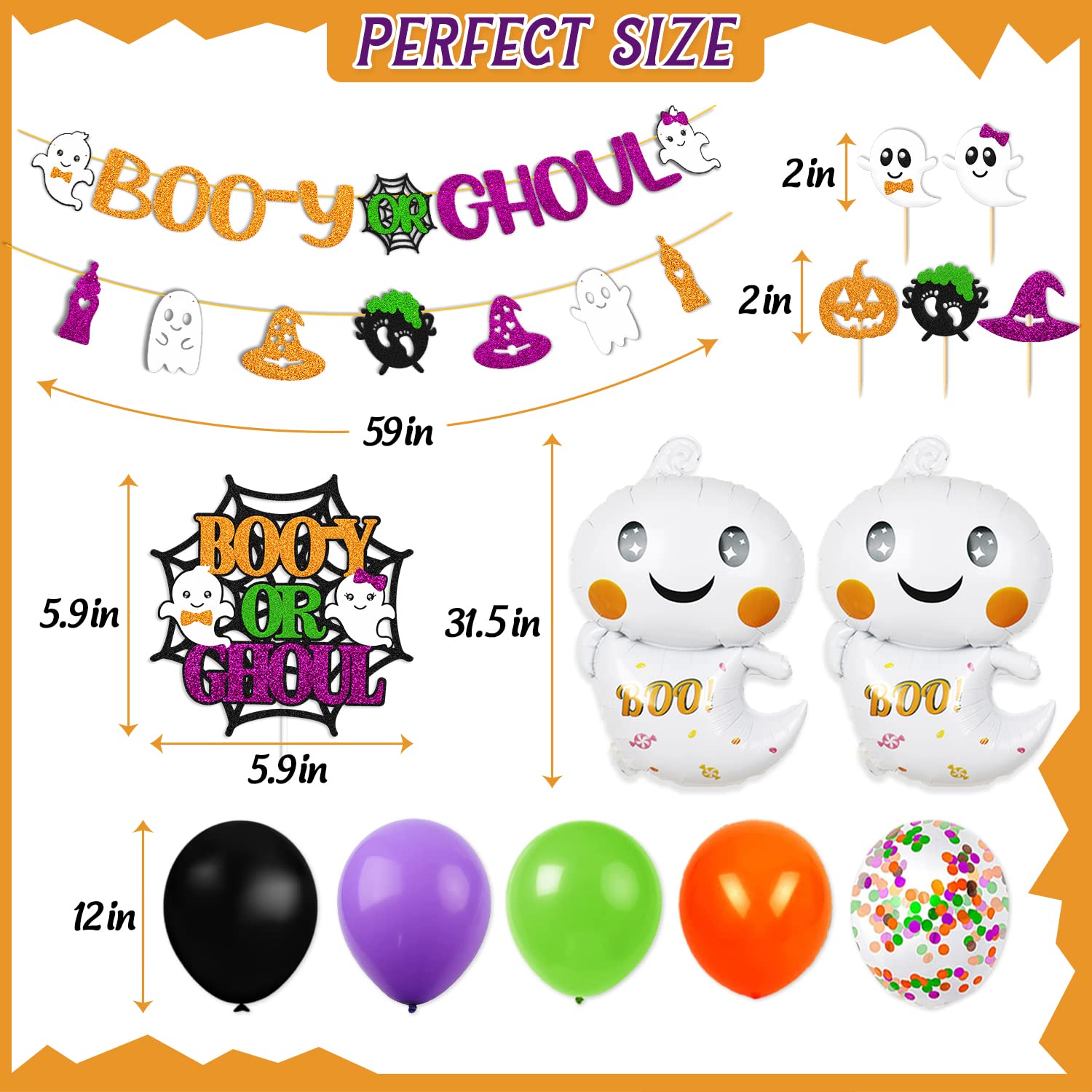 Halloween Gender Reveal Decorations Boo-y or Ghoul Banner Cake Cupcake Topper Ghost Balloon Pumpkin Witch Hat Theme for Kids Boy Girl Halloween Baby Shower Party Supplies