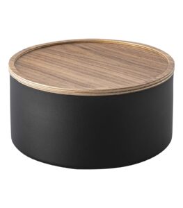 yamazaki home rin round storage case, snacks, toy, or craft supplies holder, sewing box organizer, wooden lid tray - tall - steel + wood