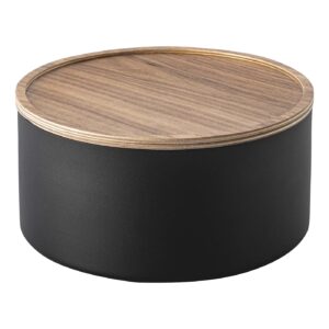 Yamazaki Home Rin Round Storage Case, Snacks, Toy, Or Craft Supplies Holder, Sewing Box Organizer, Wooden Lid Tray - Tall - Steel + Wood