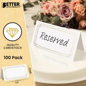 Better Office Products 100 Pack Place Cards, 2 x 3.5 in, White with Modern Metallic Gold Geometric Border, Folded Table Tent Cards for Weddings, Dinner Parties, Buffet Banquets,(100 Count)