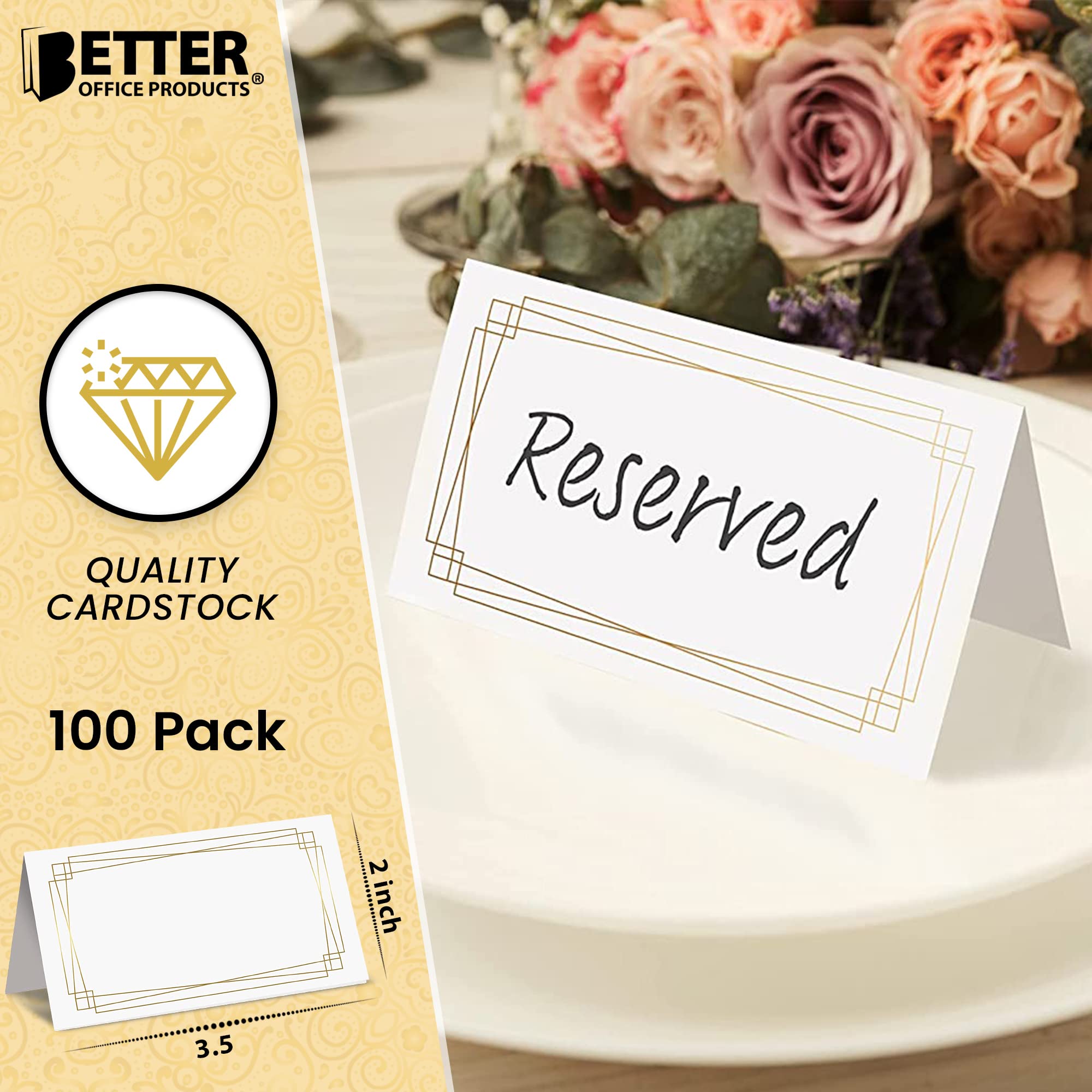 Better Office Products 100 Pack Place Cards, 2 x 3.5 in, White with Modern Metallic Gold Geometric Border, Folded Table Tent Cards for Weddings, Dinner Parties, Buffet Banquets,(100 Count)