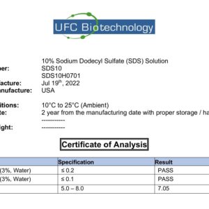 10% Sodium Dodecyl Sulfate (SDS) Solution - DNase/RNase/Protease Free SDS in Autoclaved 18.2 Ohm Deionized Water - 125mL