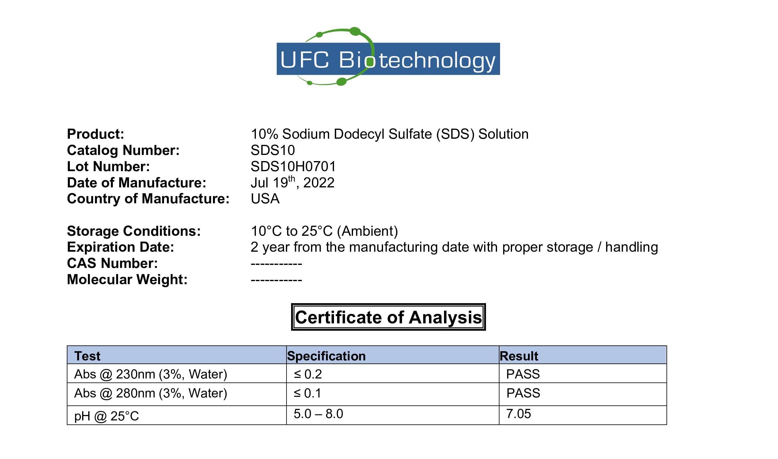 10% Sodium Dodecyl Sulfate (SDS) Solution - DNase/RNase/Protease Free SDS in Autoclaved 18.2 Ohm Deionized Water - 125mL