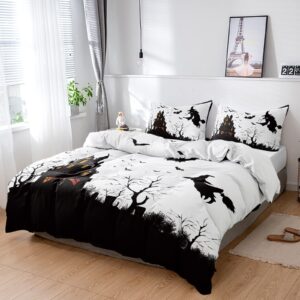 chucoco queen duvet covers set halloween black witch broom 4 pcs bedding sets brushed microfiber quilt covers lightweight cozy flat sheet with 2 pillowcases haunted house graveyard bats