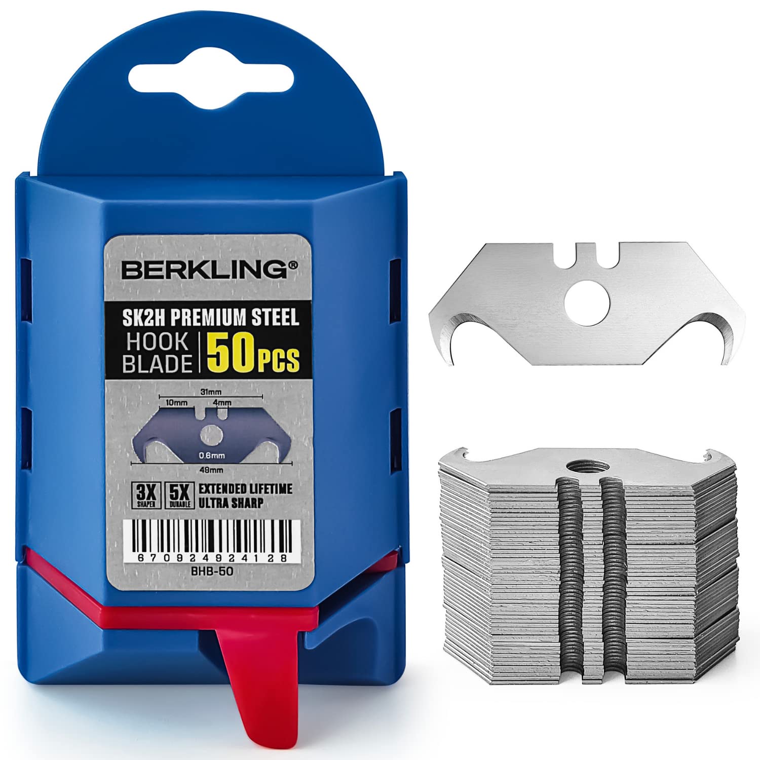 Berkling Utility Hook Razor Blades 50 PCS With Dispenser, SK2H Laser Sharpened Hardened, Ultra 3X Sharper and 5X Durable, Heavy Duty Replacement Blades for Carpet, Roofing Blade Knife, Box Cutter