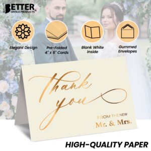 Better Office Products 50 Pack Wedding Thank You Cards in Metallic Gold with Envelopes, Thank You From The New Mr and Mrs, 4 x 6 Inch, Blank Cards, 50 Count Boxed Set