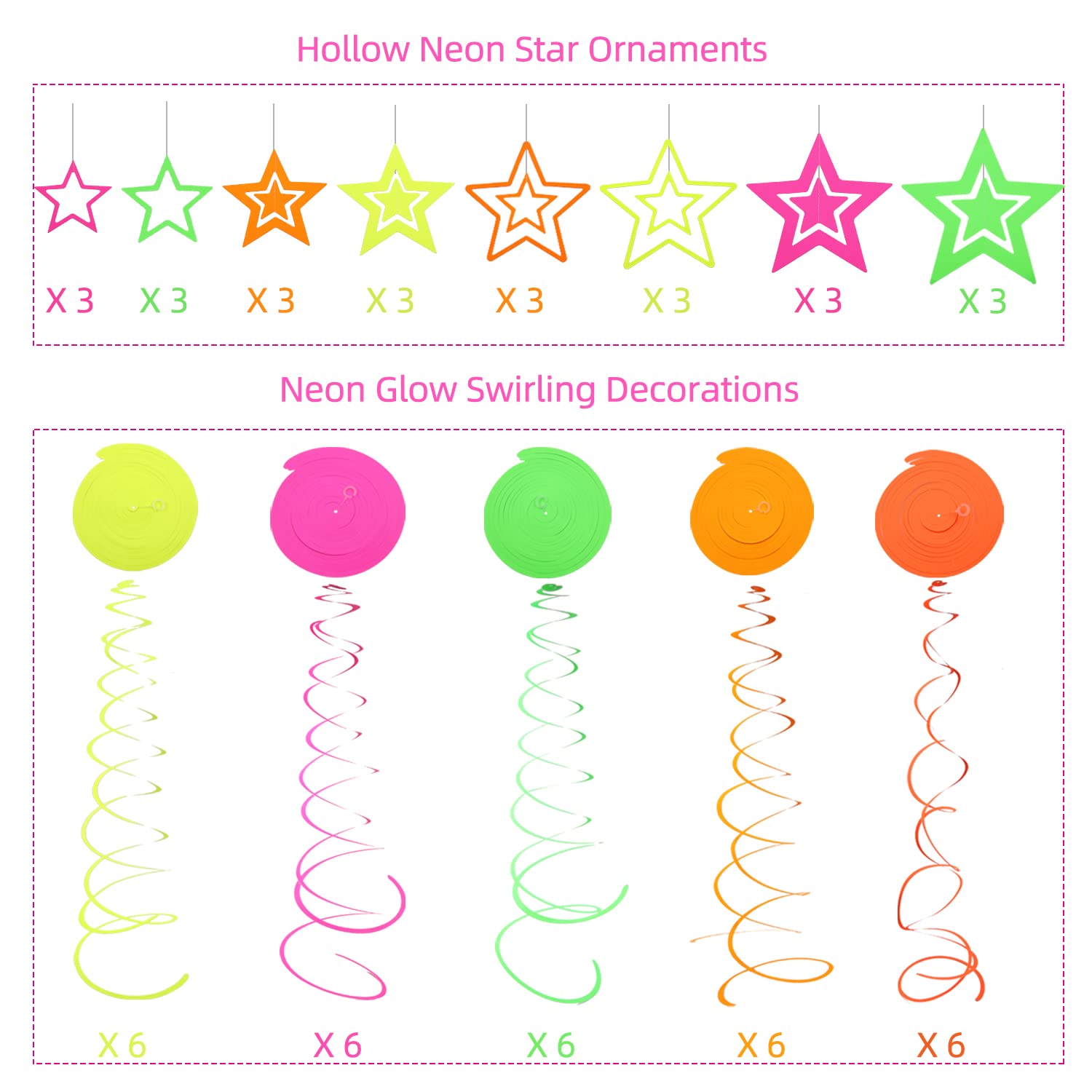 54 Pieces UV Hanging Swirl Paper Neon Star Garlands Neon Streamers Glow Party Supplies and Decorations Black Light Neon Decorations for Dark Glow Party UV Reactive Wedding Birthday Neon Party Favors