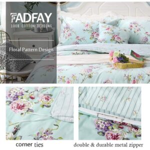 FADFAY 7-Piece 100% Cotton Complete Bedding Sets Full Size Sheet Set + Duvet Cover, Soft Blue Shabby Floral Deep Pocket Bed in a Bag (1 Duvet Cover, 1 Fitted Sheet, 1 Flat Sheet + 4 Pillowcases)