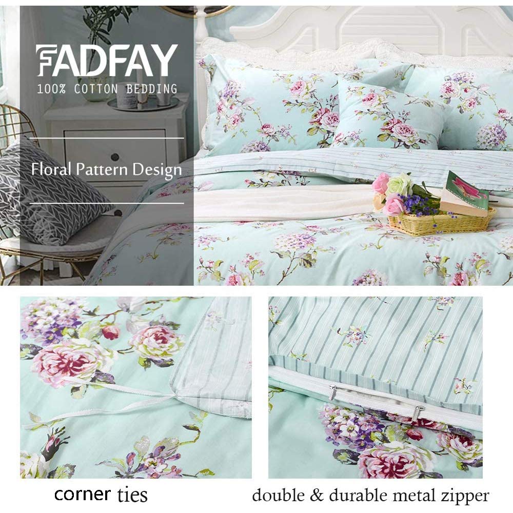 FADFAY 7-Piece 100% Cotton Complete Bedding Sets Full Size Sheet Set + Duvet Cover, Soft Blue Shabby Floral Deep Pocket Bed in a Bag (1 Duvet Cover, 1 Fitted Sheet, 1 Flat Sheet + 4 Pillowcases)