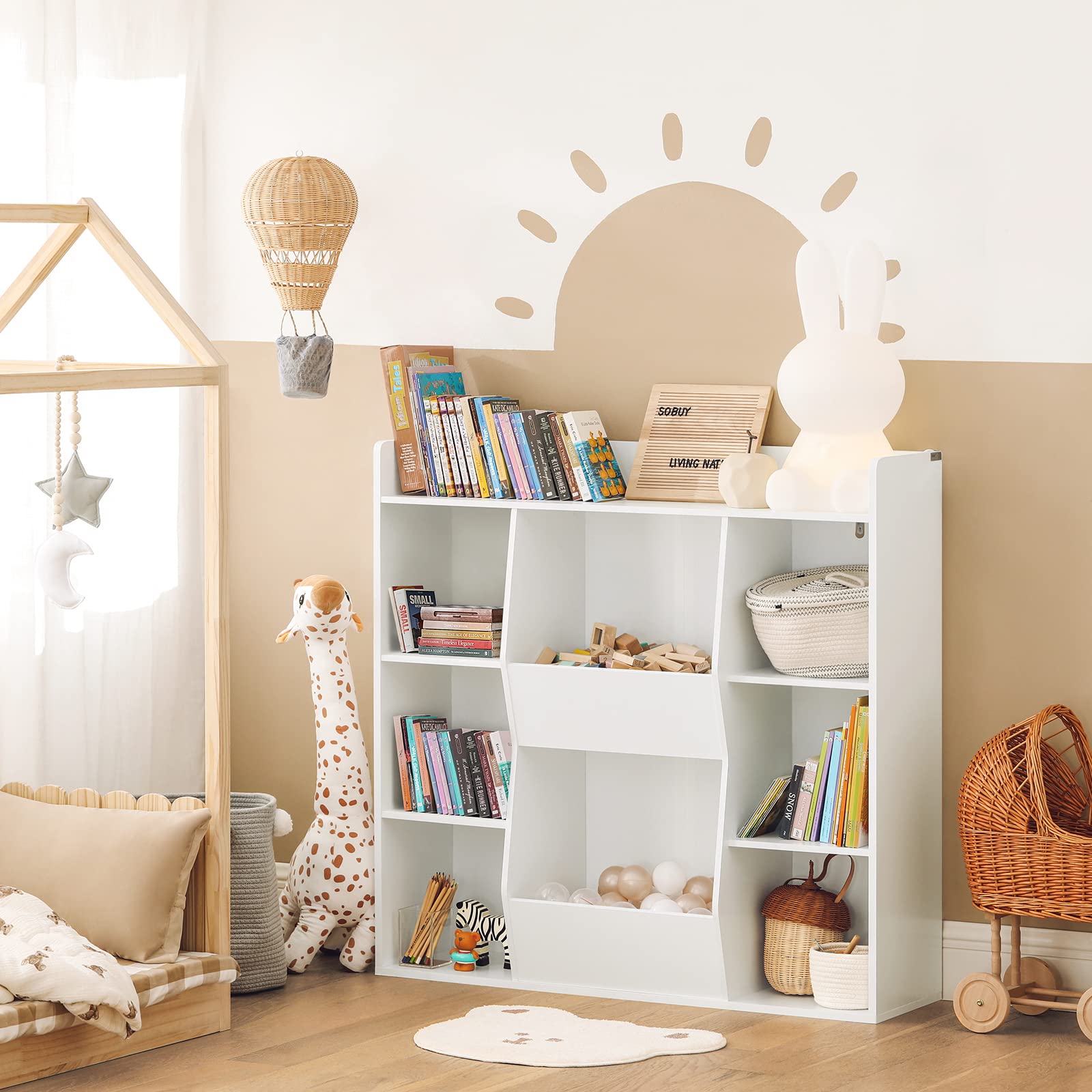 Haotian Kid's Bookshelf Children Bookcase with Toy Storage Organizer, Toddler Book Rack for Playroom, Book Holder for Nursery Classroom, White, KMB55-W