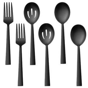 e-far matte black serving utensils set of 6, stainless steel 8.7 inch hostess serving set with square edge, metal serving slotted spoons forks for party buffet catering