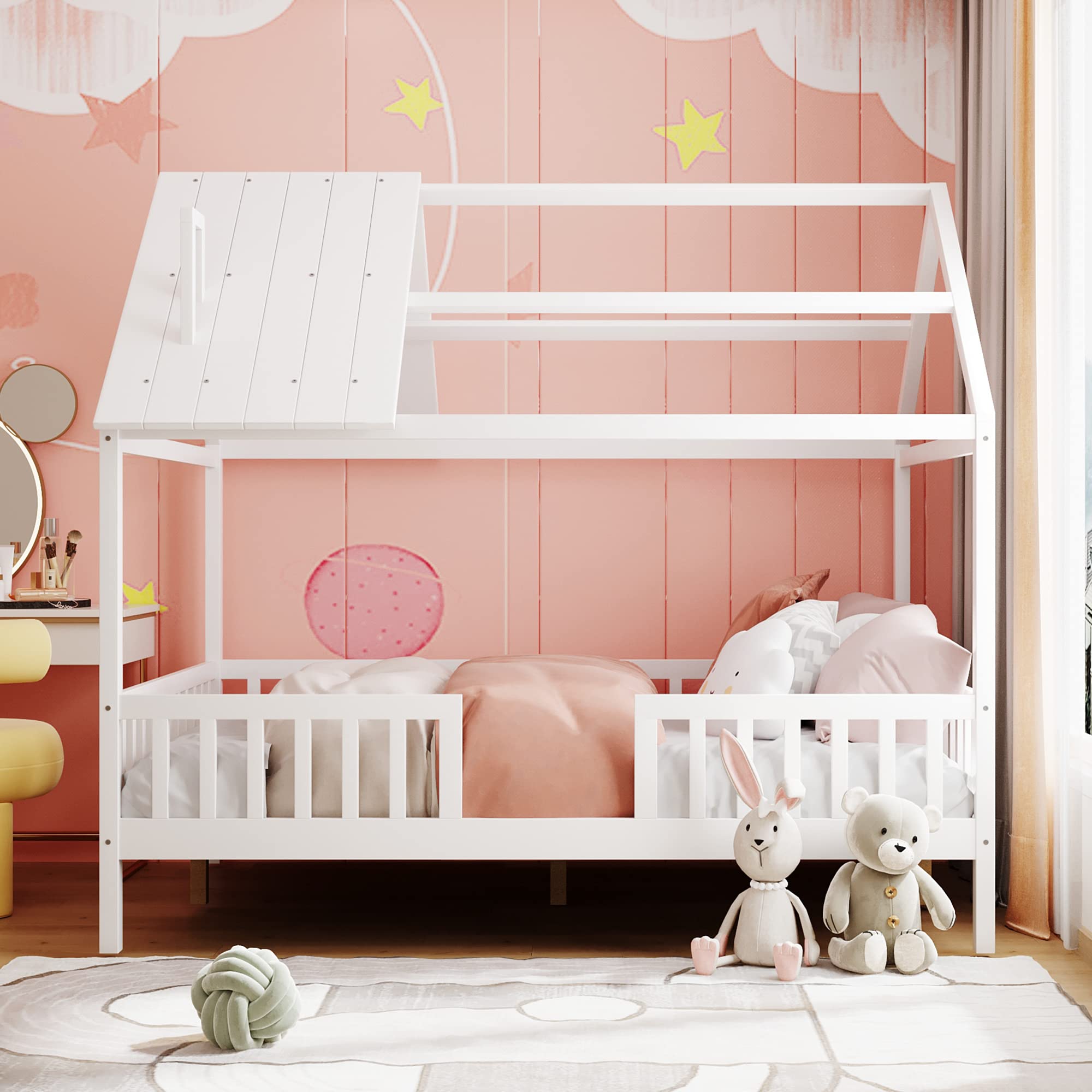 AOCOROE Full Size House Bed Frames for Boys and Girls,Wood Full Bed Frame House-Shaped Canopy Bed Frame with Slats and Surrounding Guard Rails, Full Size