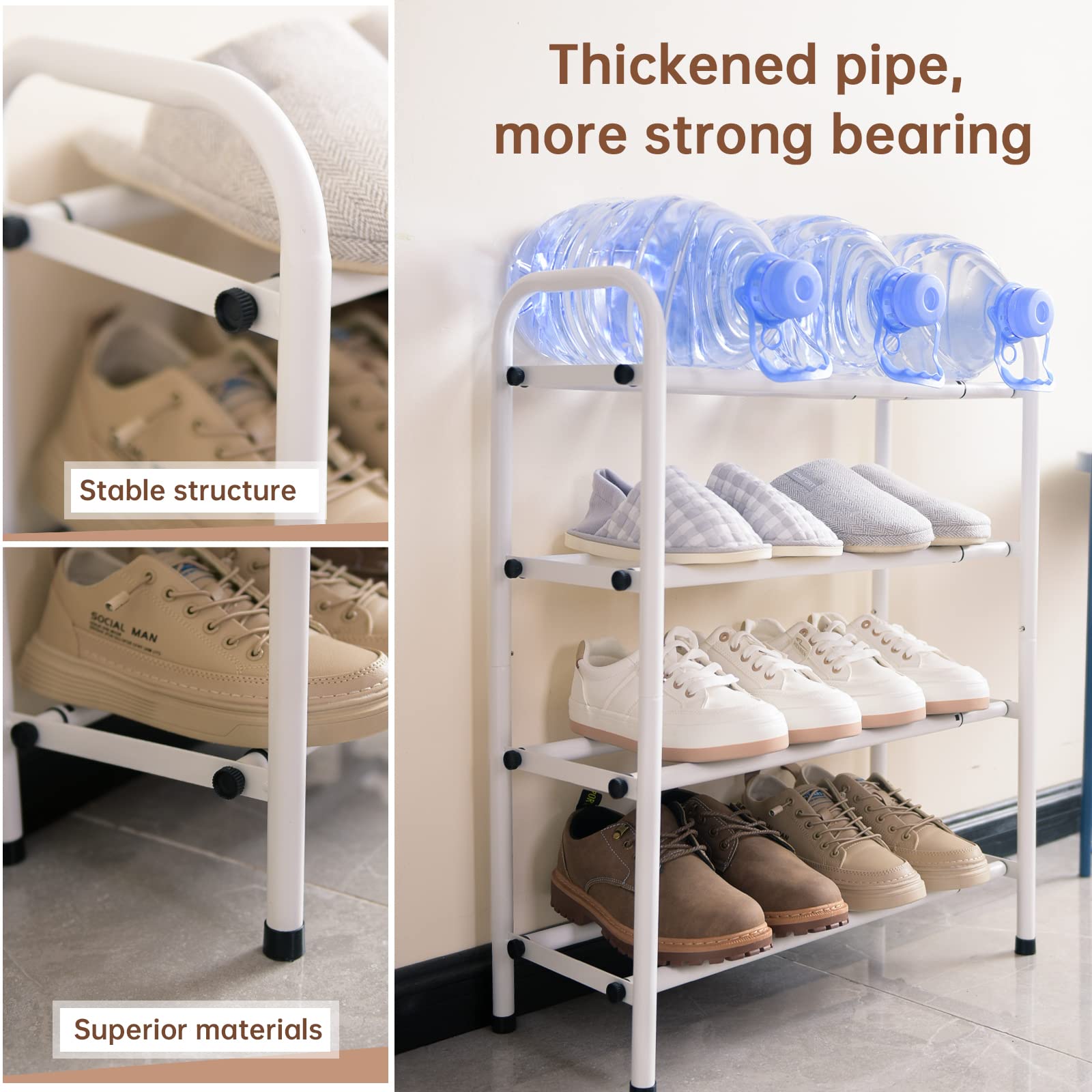 Gonfoam 4-Tier Expandable Shoe Rack,Adjustable Shoe Shelf Storage Organizer Heavy Duty Metal Free Standing Shoe Rack for Entryway Closet Doorway (White)