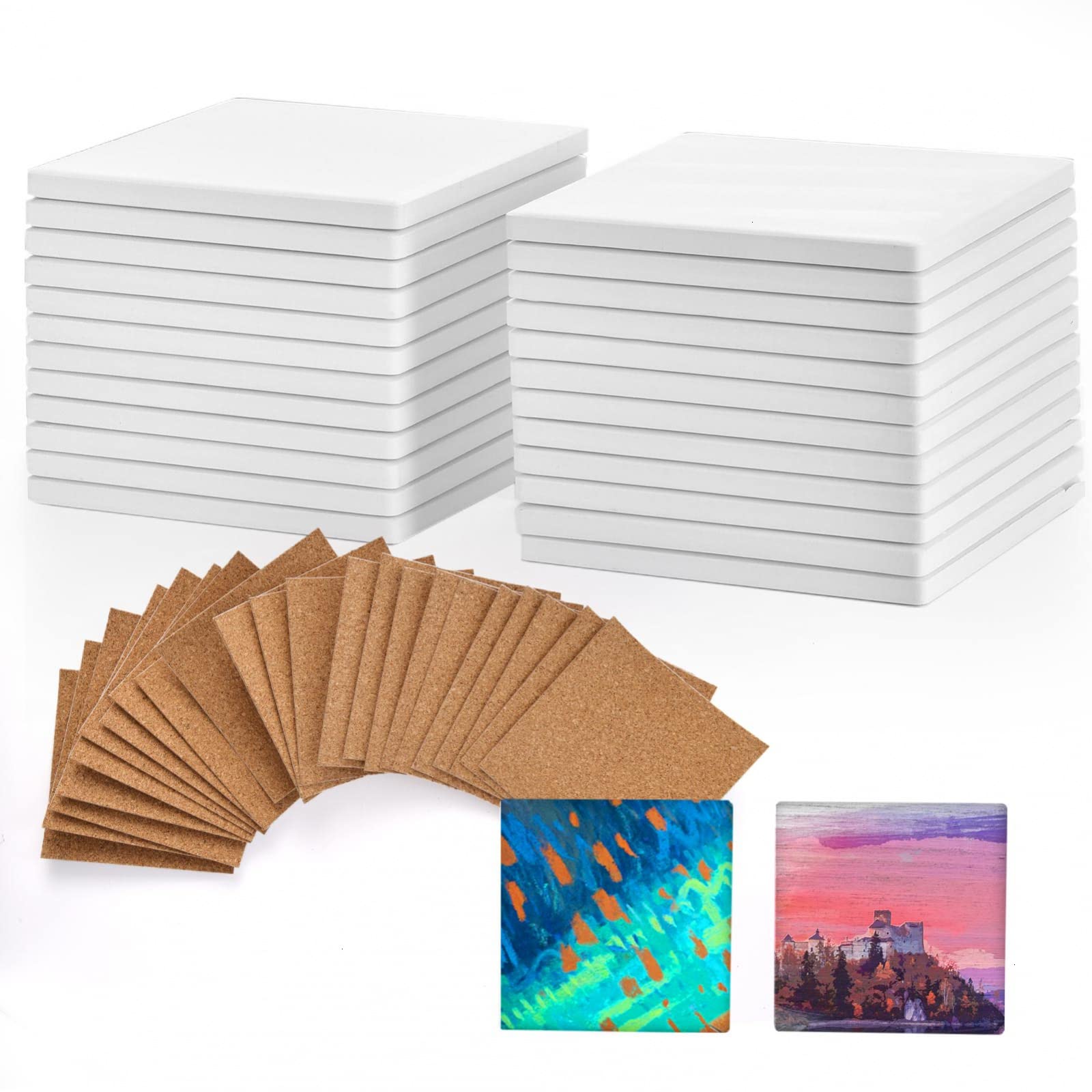 COYMOS 24 Pcs Ceramic Tiles for Crafts Ceramic Coasters for Crafts Blank White Unglazed Ceramic Tile for Painting, Alcohol Ink, Acrylic Pouring - DIY Coaster - Cork Backing Pads Included (4x4 inch)