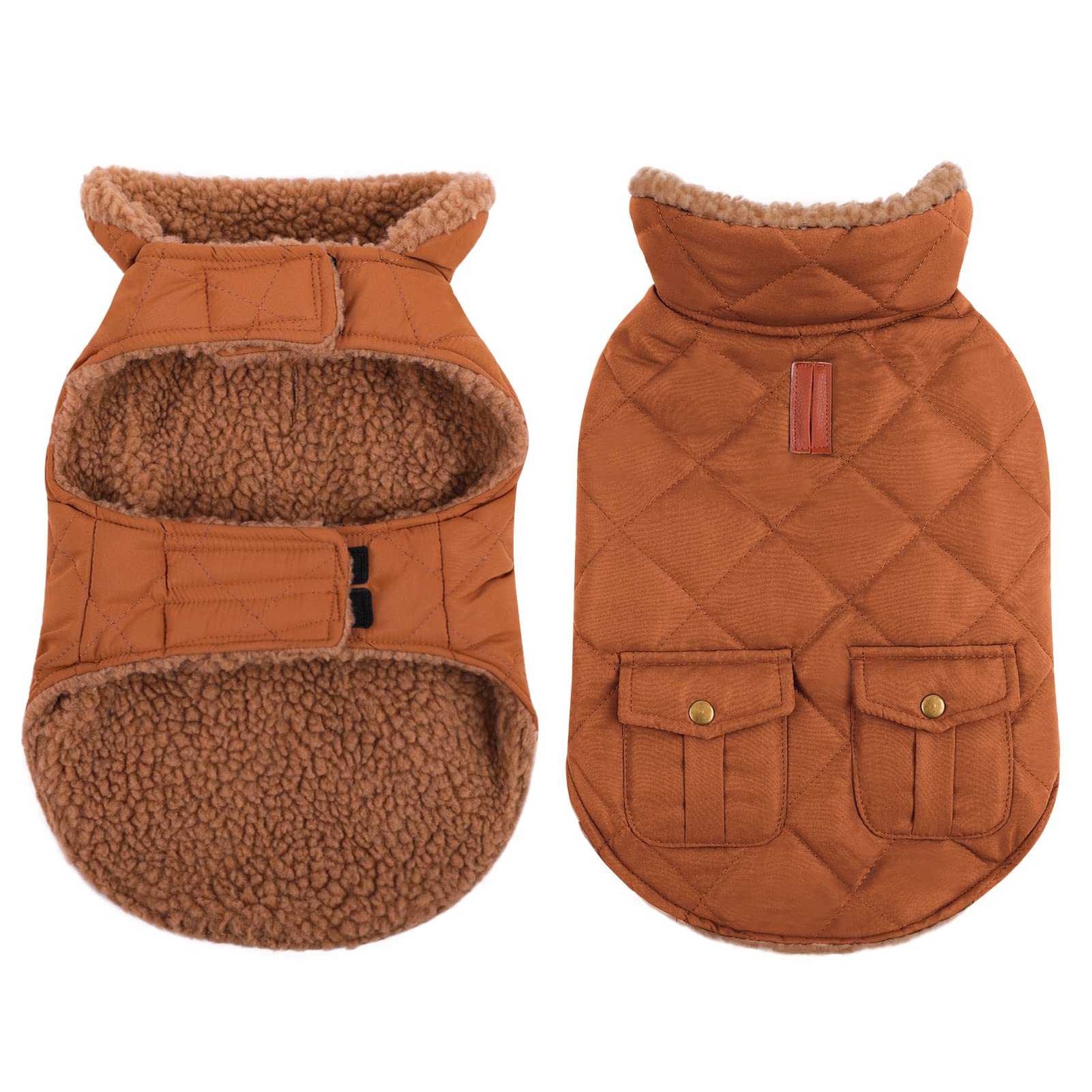 Queenmore Warm Dog Coat, Cold Weather Puffer Dog Coat, Quilting Winter Dog Jacket Ultra Thick Plush Lining with Storage Pockets (Brown, Small)