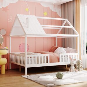 aocoroe full size house bed frames for boys and girls,wood full bed frame house-shaped canopy bed frame with slats and surrounding guard rails, full size