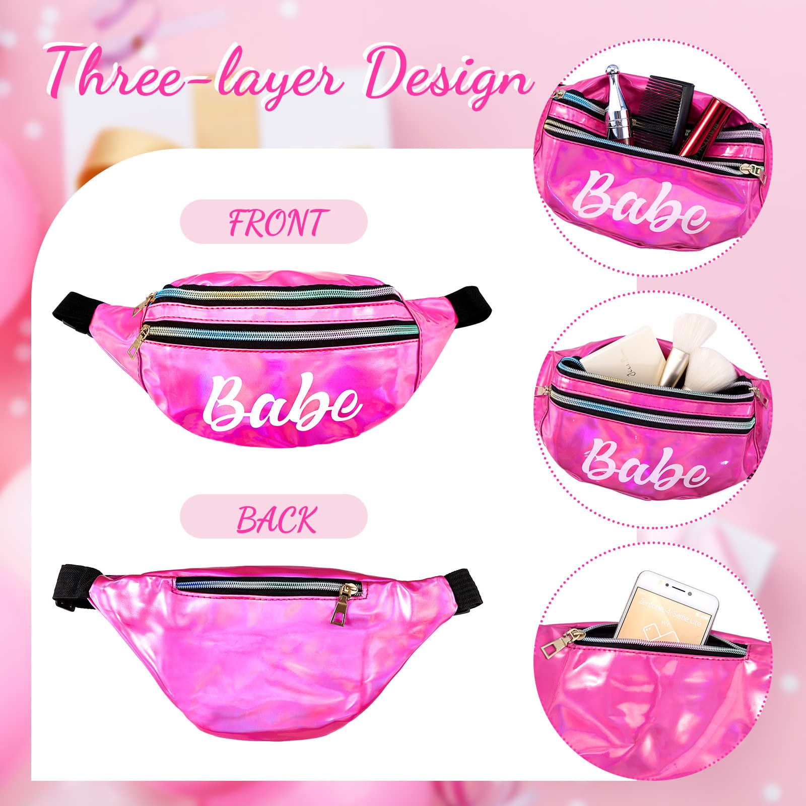 7 Pcs Bride Fanny Pack Bachelorette Bridesmaid Pack Holographic Belt Laser Waist Bag with Adjustable Belt for Women Wedding Bridal Shower Party Favors