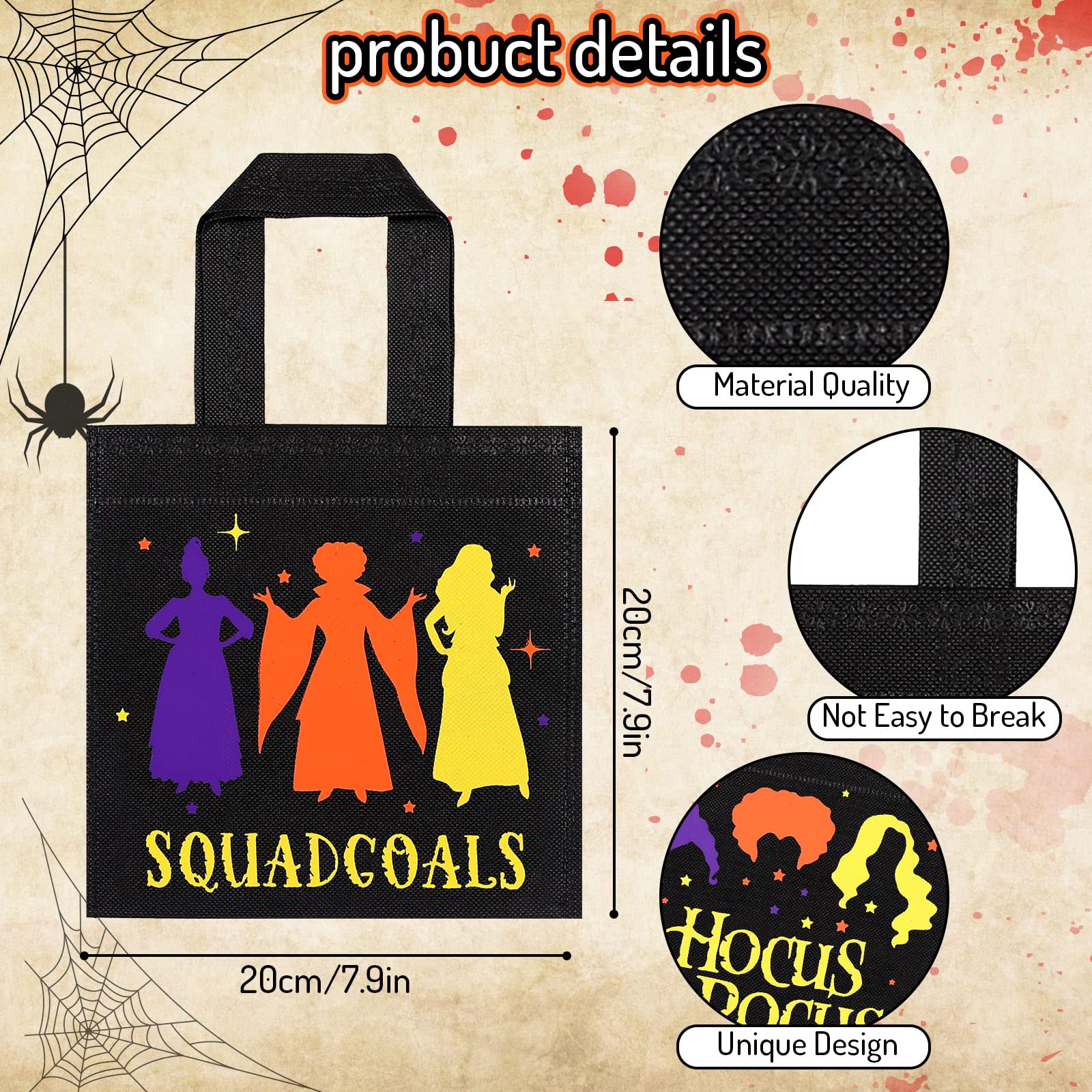 Whaline 24 Pack Halloween Non-Woven Bags Reusable Hocus Pocus Witch Theme Tote Gift Bag Trick or Treat Party Favor Bag Candy Goodie Bag with Handle for Kids Teens Birthday Supplies, 4 Design