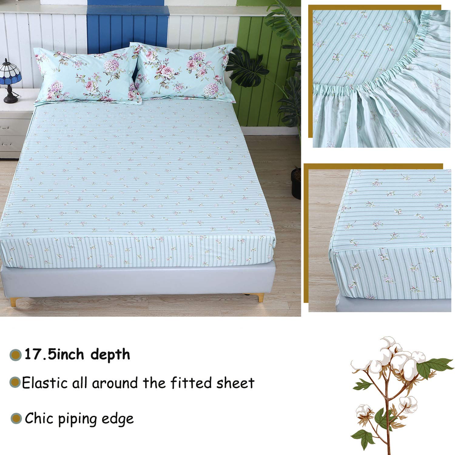 FADFAY 7-Piece 100% Cotton Complete Bedding Sets Full Size Sheet Set + Duvet Cover, Soft Blue Shabby Floral Deep Pocket Bed in a Bag (1 Duvet Cover, 1 Fitted Sheet, 1 Flat Sheet + 4 Pillowcases)