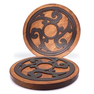 cast iron with wood trivets set of 2, wooden trivets for hot dishes, 8-inch round kitchen hot pads for table and kitchen counter- heat resistant, rustproof, non-slip durable, hand crafted (black)