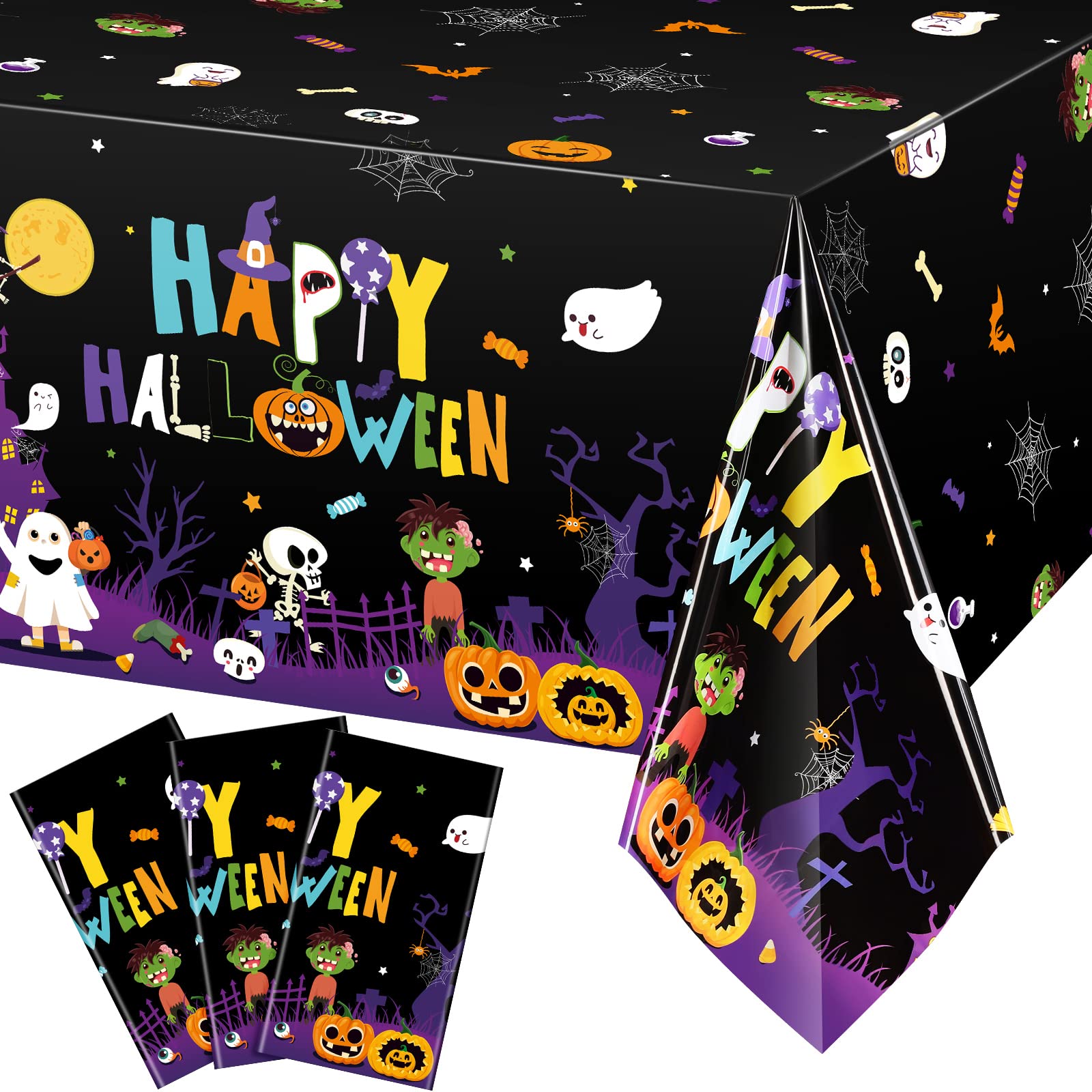 3 Pack Halloween Plastic Tablecloth Happy Halloween Black Rectangle Tablecloth Pumpkin and Ghost Tablecover Waterproof Spillproof Wipeable Tablecloth for Dinner Halloween Party Supplies 54 x 108 Inch