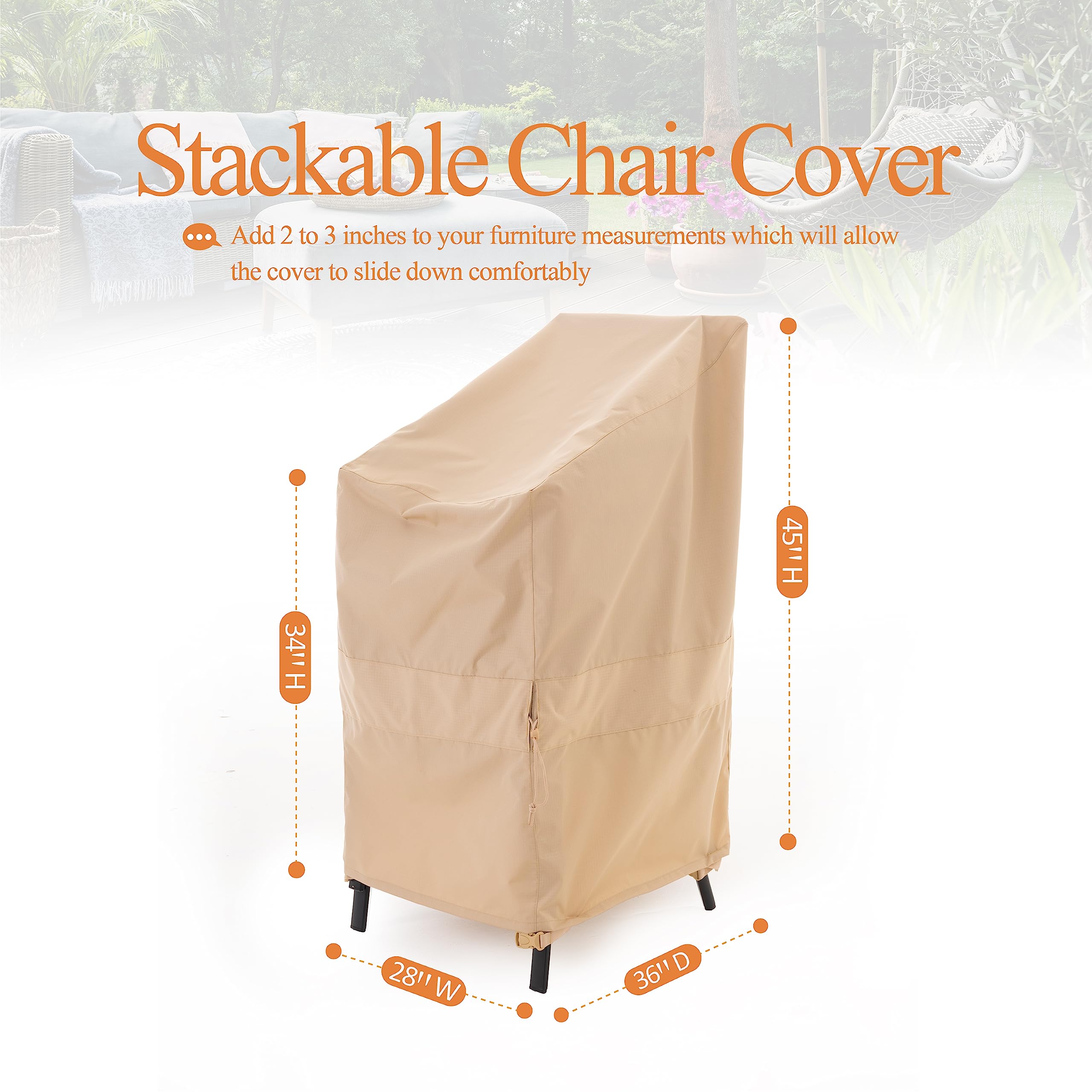 WJ-X3 Stackable Patio Chair Cover, Heavy Duty, Wind Resistant and Waterproof Outdoor Lawn Patio Chair Covers, 28W x 36D x 45H, (4-6 Stacked Chairs), Beige, 1-Pack