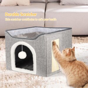 Heated Cat Bed for Indoor Cats, Foldable Cat House with Removable Heating Pad for Cats Small Dog Covered Cat Bed Cave Kitty Hideaway with with Scratch Pad, All Season Use