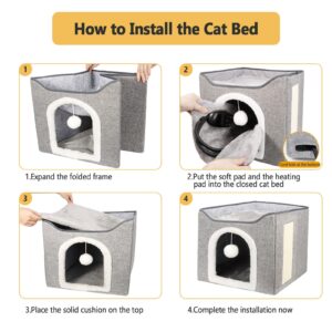 Heated Cat Bed for Indoor Cats, Foldable Cat House with Removable Heating Pad for Cats Small Dog Covered Cat Bed Cave Kitty Hideaway with with Scratch Pad, All Season Use