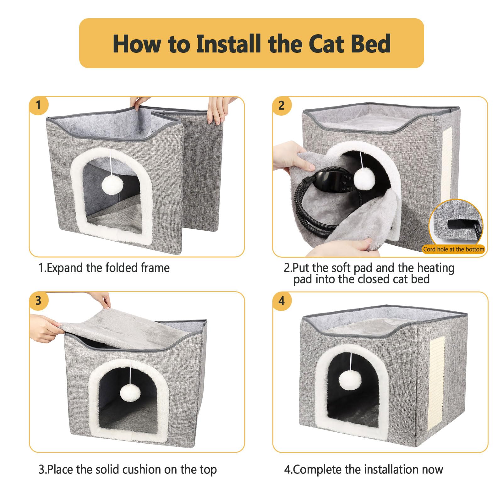 Heated Cat Bed for Indoor Cats, Foldable Cat House with Removable Heating Pad for Cats Small Dog Covered Cat Bed Cave Kitty Hideaway with with Scratch Pad, All Season Use