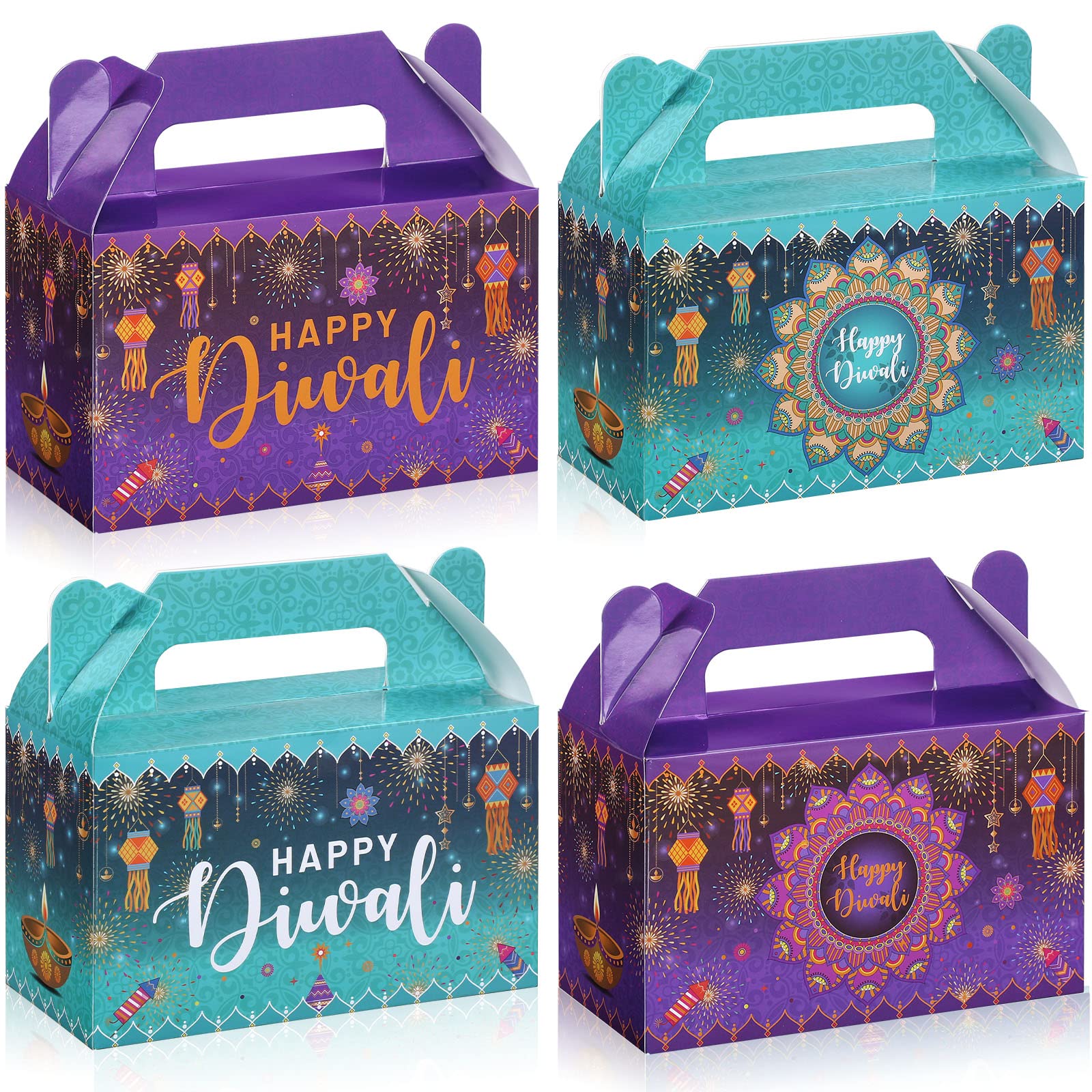 16 Pcs Happy Diwali Gable Boxes Diwali Party Favor Treat Boxes Rangoli Lantern Favor Packaging Box Indian Deepavali Candy Gift Box Goodie Box for Diwali Party Decorations Lights Festival, 4 Style