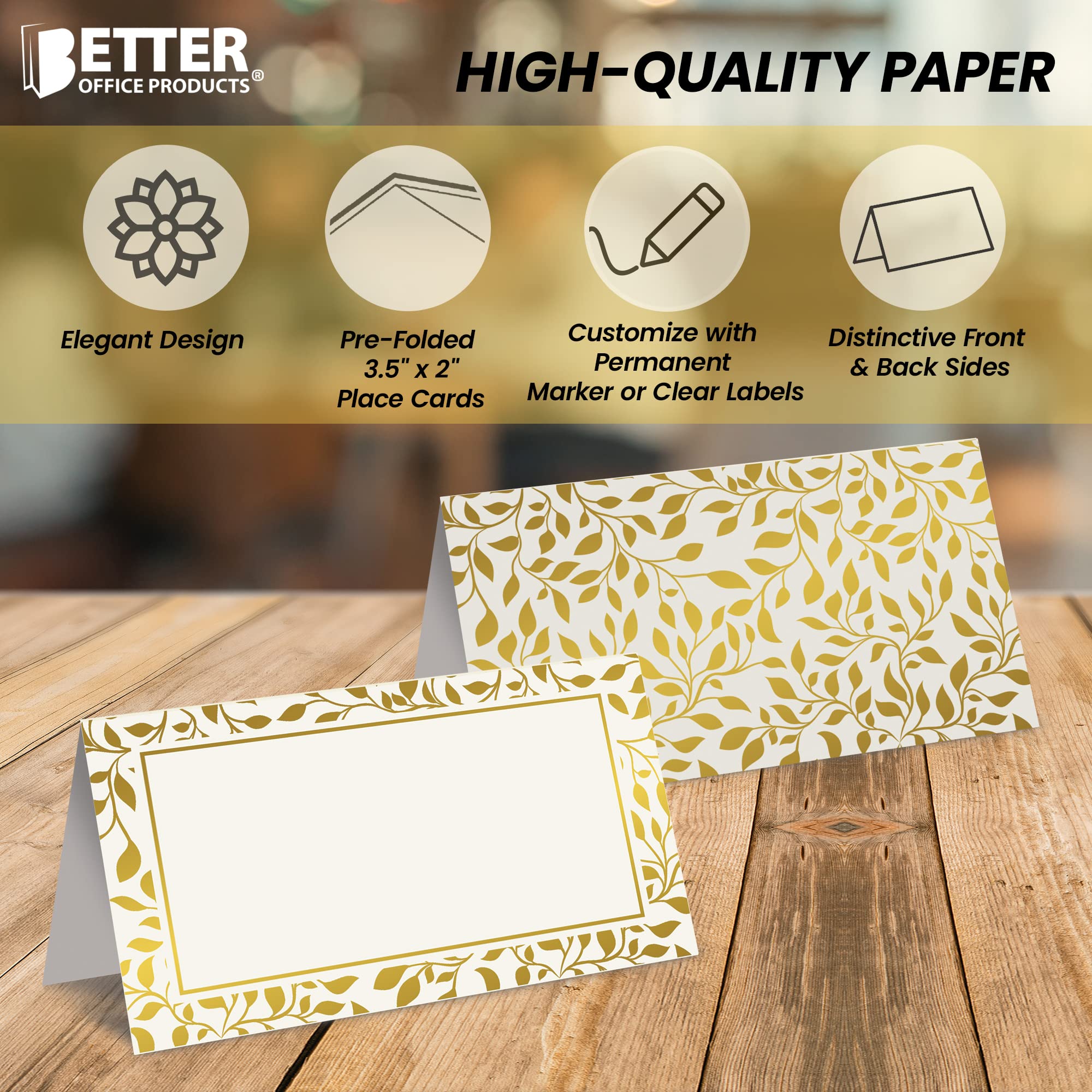 Better Office Products 100 Pack Place Cards, 2 x 3.5 in, White with Metallic Gold Leaf Foil Border, Folded Table Tent Cards for Weddings, Dinner Parties, Buffet Banquets,(100 Count)