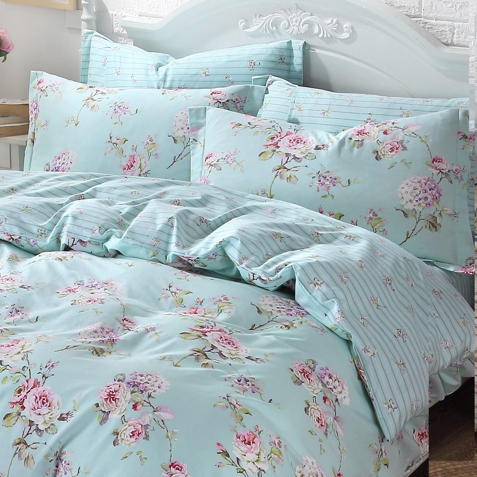 FADFAY 7-Piece 100% Cotton Complete Bedding Sets Full Size Sheet Set + Duvet Cover, Soft Blue Shabby Floral Deep Pocket Bed in a Bag (1 Duvet Cover, 1 Fitted Sheet, 1 Flat Sheet + 4 Pillowcases)