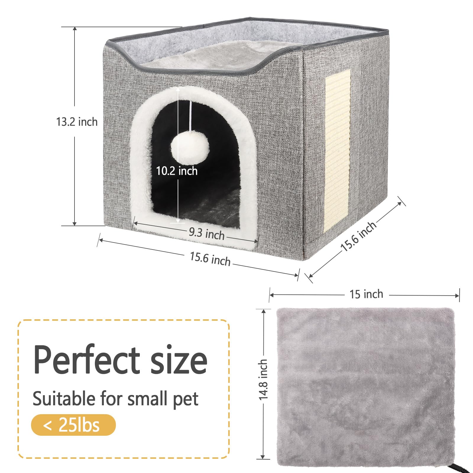 Heated Cat Bed for Indoor Cats, Foldable Cat House with Removable Heating Pad for Cats Small Dog Covered Cat Bed Cave Kitty Hideaway with with Scratch Pad, All Season Use