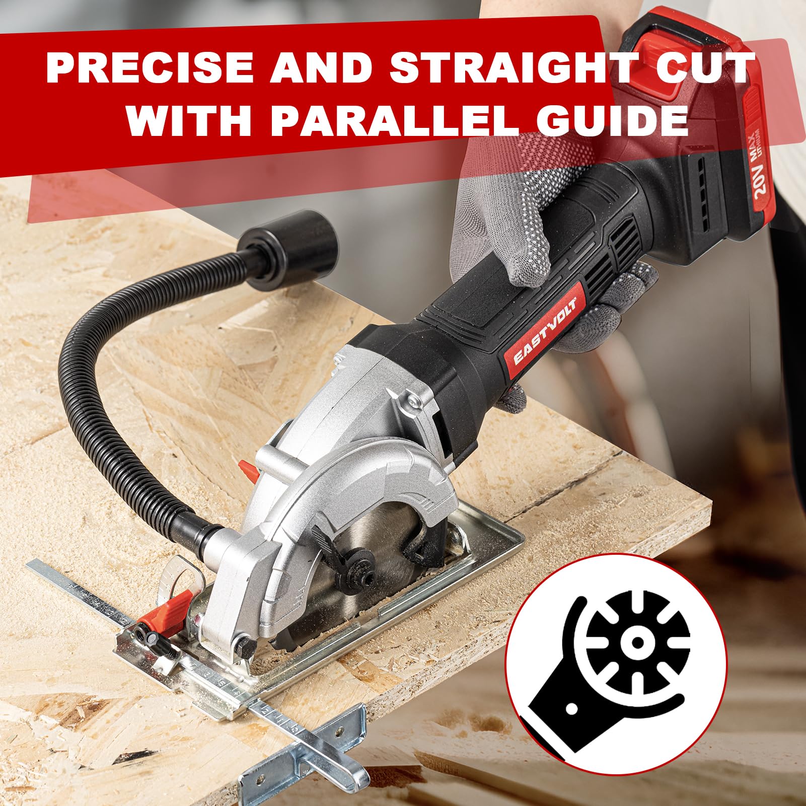 Eastvolt Mini Circular Saw, 20V Cordless Circular Saw with Scale Ruler, Dust Exhaust Pipe, Max Cutting Depth 1-11/16"(90°), 1-1/8"(45°), 4-1/2" 24T TCT Blade for Wood and Plastics