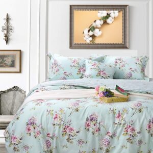 FADFAY 7-Piece 100% Cotton Complete Bedding Sets Full Size Sheet Set + Duvet Cover, Soft Blue Shabby Floral Deep Pocket Bed in a Bag (1 Duvet Cover, 1 Fitted Sheet, 1 Flat Sheet + 4 Pillowcases)