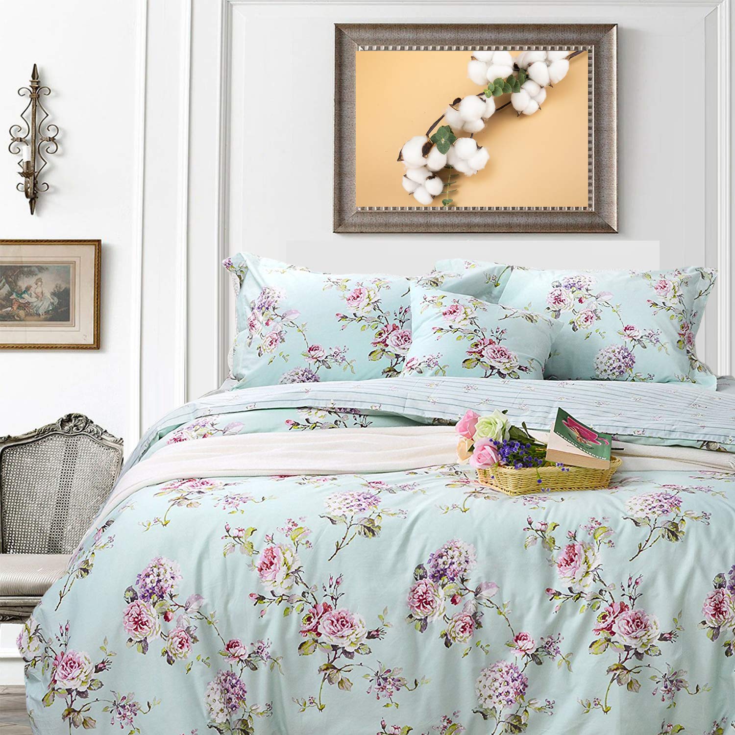 FADFAY 7-Piece 100% Cotton Complete Bedding Sets Full Size Sheet Set + Duvet Cover, Soft Blue Shabby Floral Deep Pocket Bed in a Bag (1 Duvet Cover, 1 Fitted Sheet, 1 Flat Sheet + 4 Pillowcases)