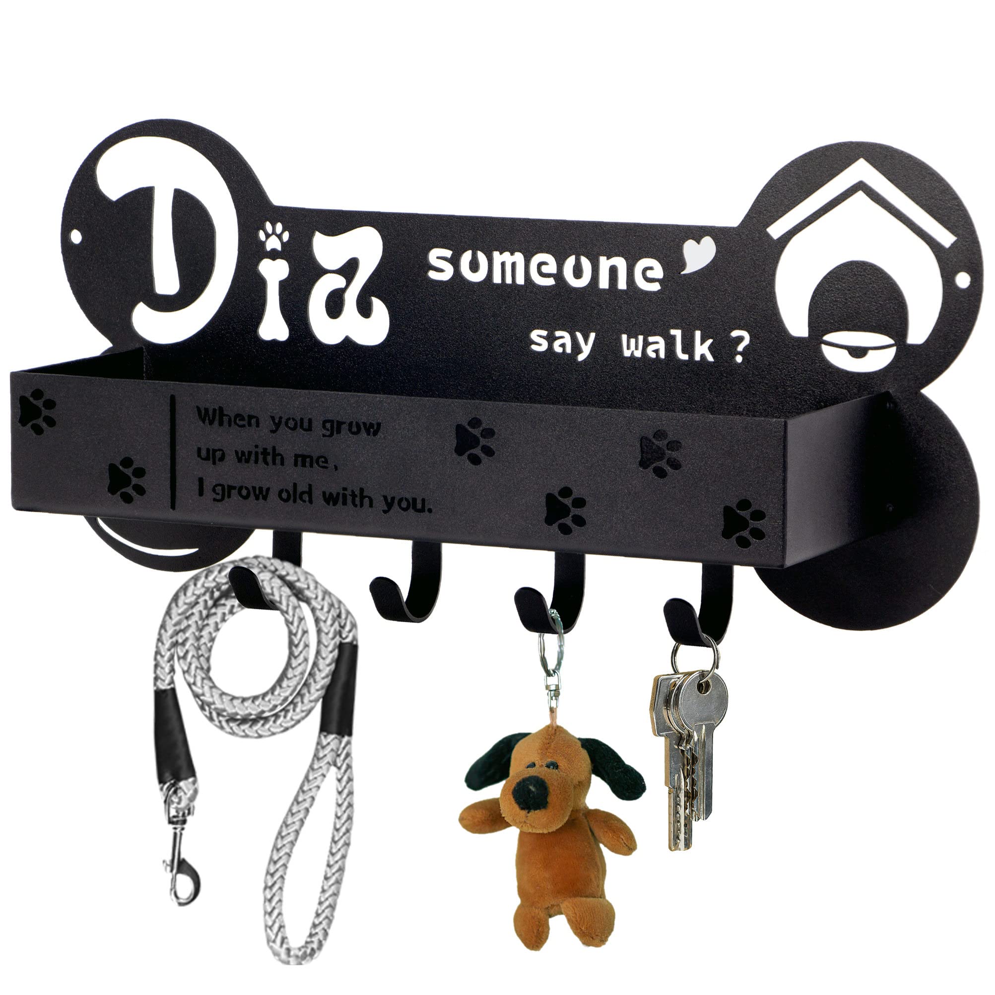 Deveosa Dog Leash Holder for Wall Decorative - Black Bone Shape Wall Mount Decor with 4 Hooks for Key and Leash Rack Hangers with Storage Shelf (Style 2)