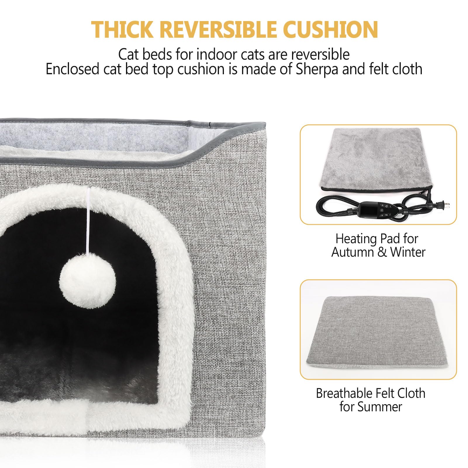 Heated Cat Bed for Indoor Cats, Foldable Cat House with Removable Heating Pad for Cats Small Dog Covered Cat Bed Cave Kitty Hideaway with with Scratch Pad, All Season Use