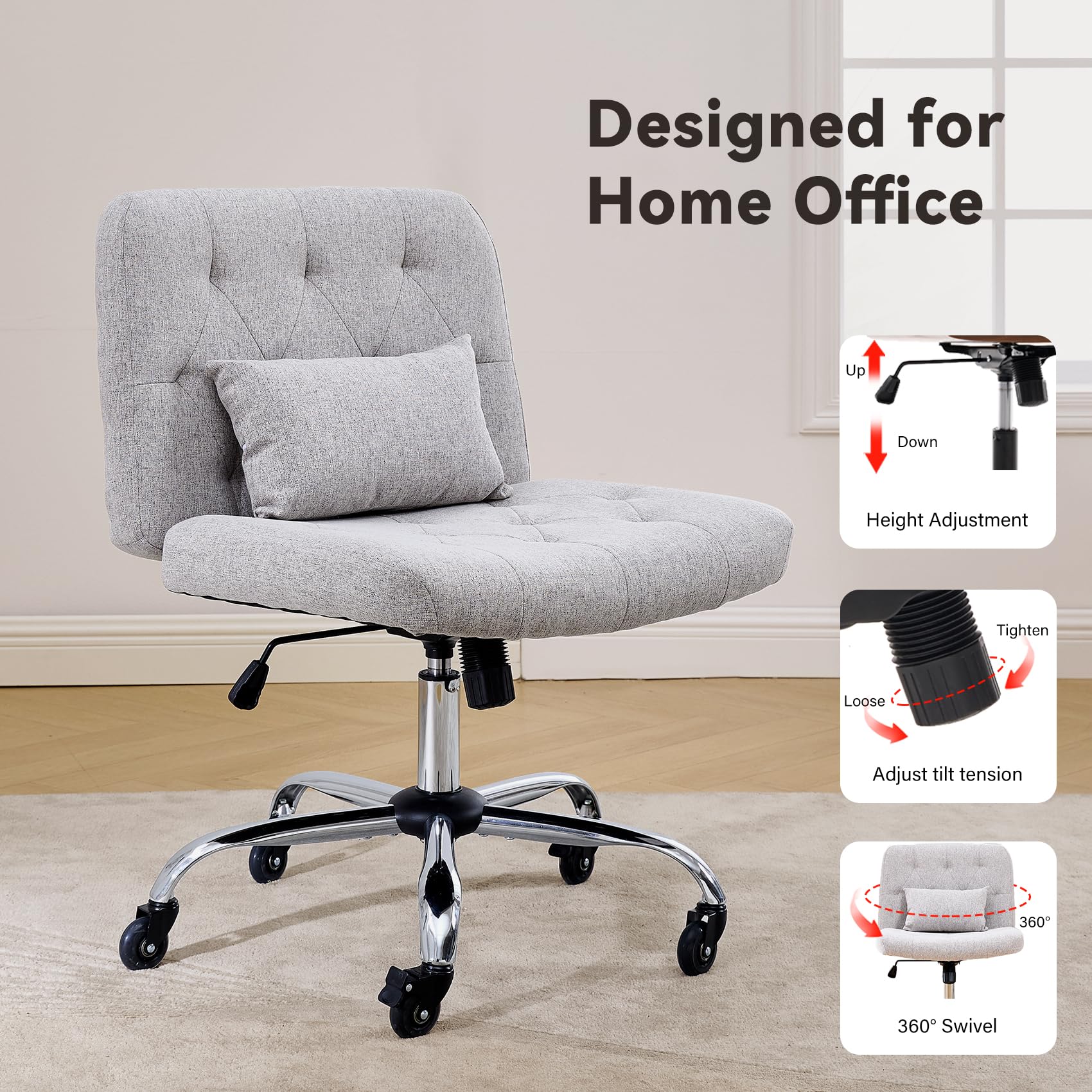 iMenting Criss Cross Chair with Wheels, Desk Chair Comfy with Wide Seat, Cross Legged Office Chair, Swivel Vanity Chair with Back, with Lumbar Pillow, Height Adjustable, Armless (Grey)