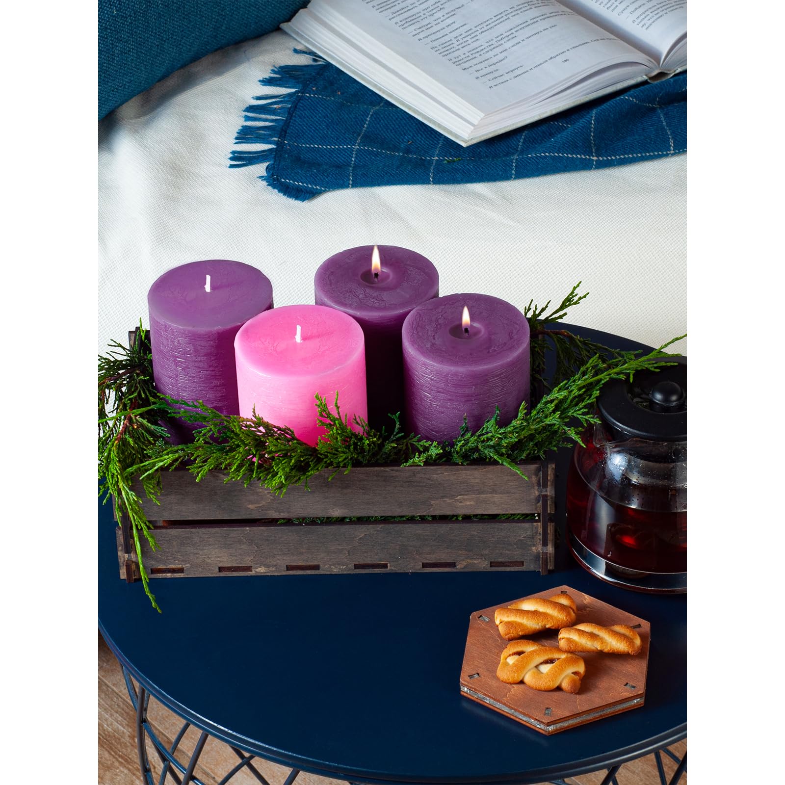 CANDWAX 3x3 Pillar Advent Candles Set of 4 - Rustic Pillar Candles Unscented and No Drip Candles - Ideal as Candles for Advent Wreath or Christmas Decorations - Purple Set of Advent Pillar Candles