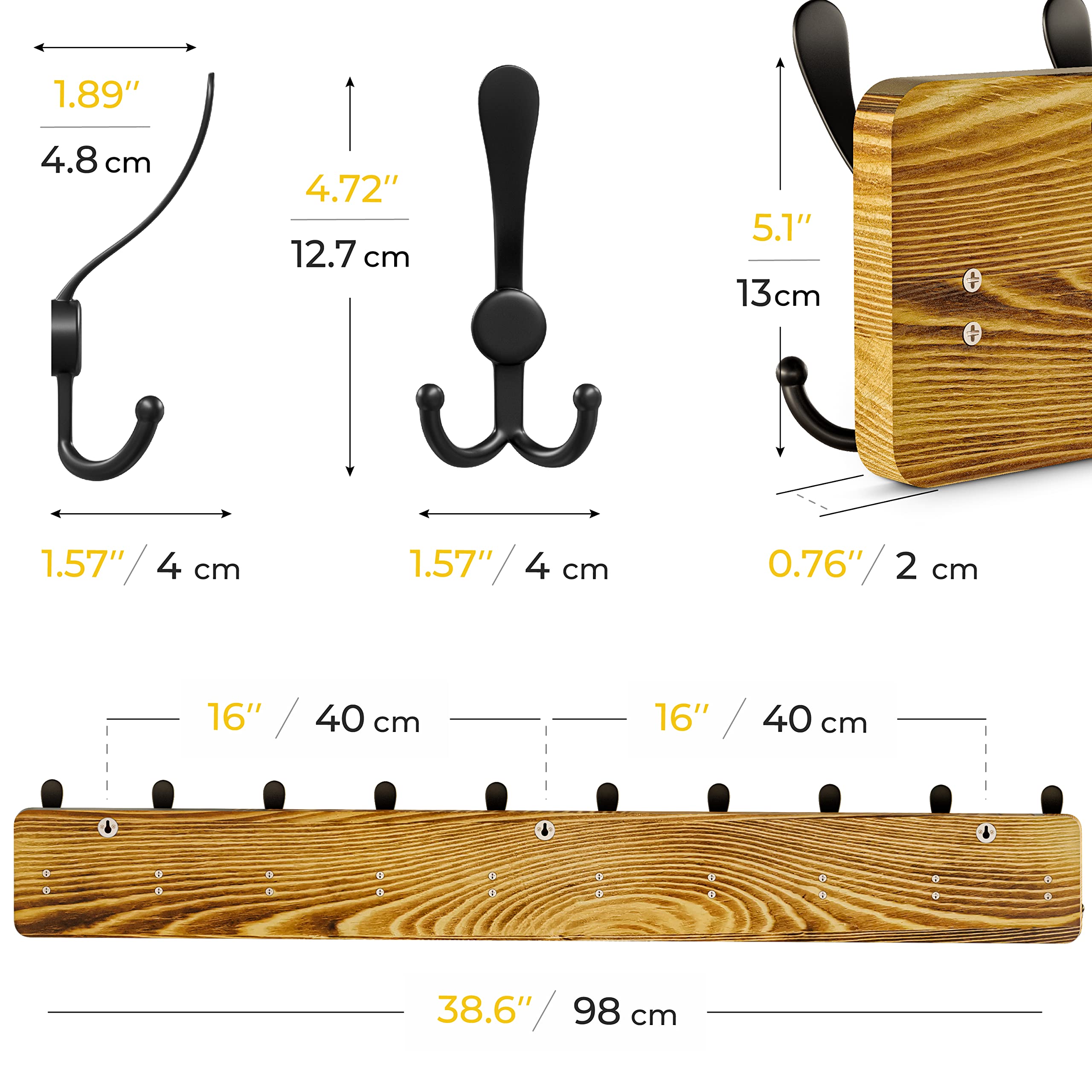 SAYONEYES Rustic Coat Rack Wall Mount, 38.6 Inch Long Solid Pine Brown Wood Wall Rack, Coat Hanger Wall Mounted with 10 Heavy Duty Tri Hooks for Hanging Coat, Towels, Hat, Jacket - 1 Pack