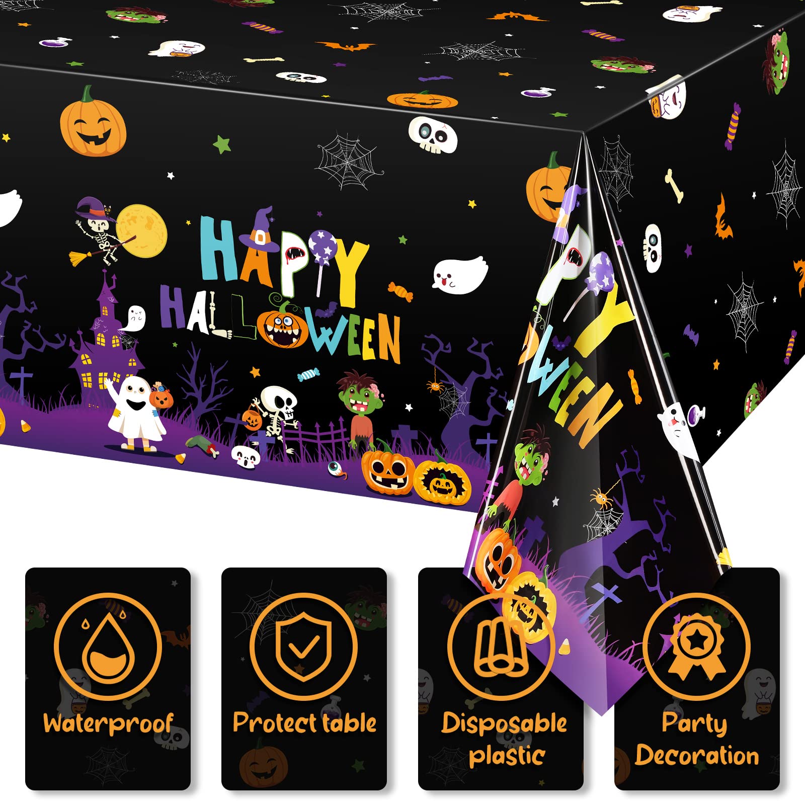 3 Pack Halloween Plastic Tablecloth Happy Halloween Black Rectangle Tablecloth Pumpkin and Ghost Tablecover Waterproof Spillproof Wipeable Tablecloth for Dinner Halloween Party Supplies 54 x 108 Inch