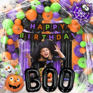 Halloween Birthday Party Decorations Supplies Include Halloween Birthday Banner Fringe Curtain Tablecloth Spider Web Cake Topper Tattoo Stikers for Halloween Themed Birthday Party Decorations