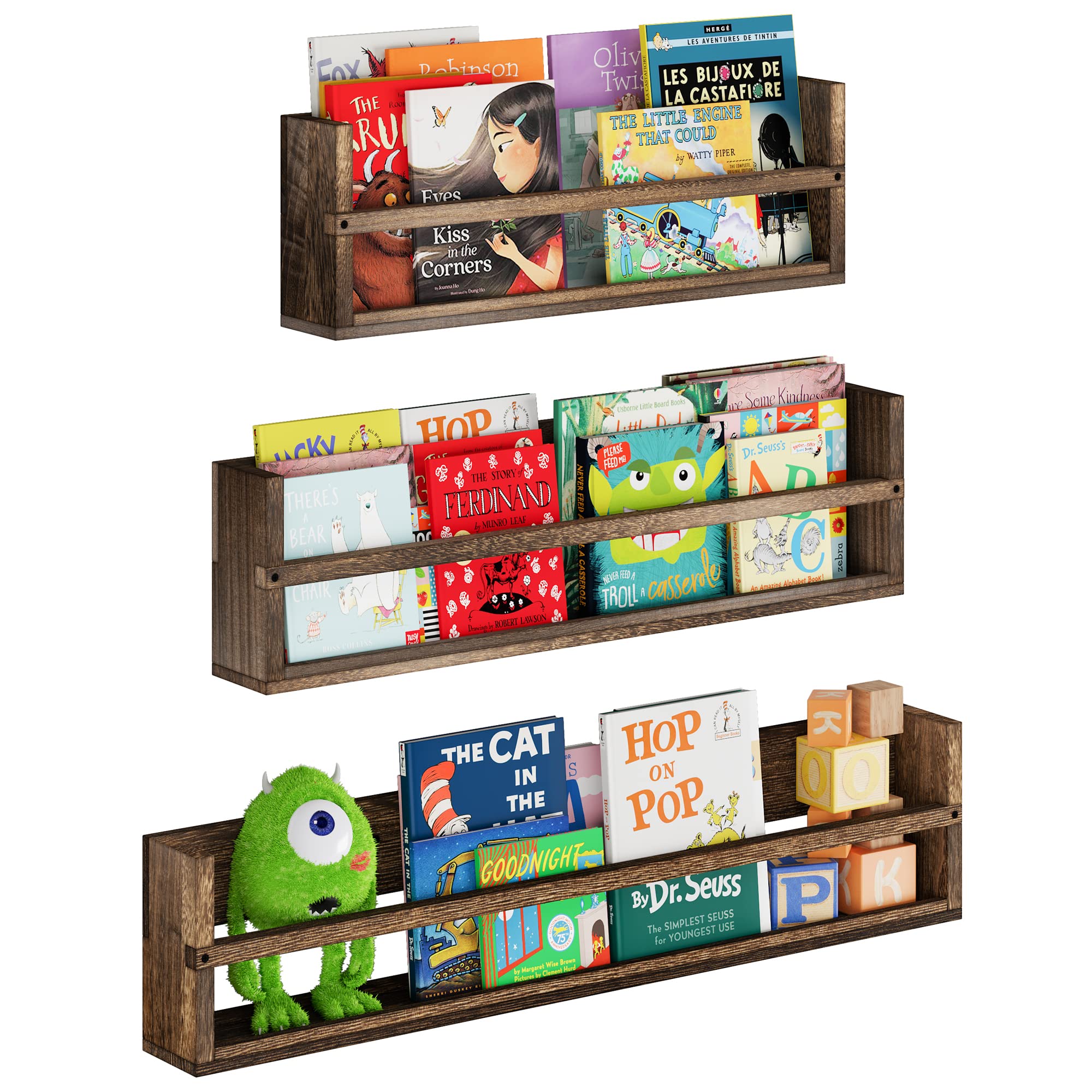 brightmaison Polynez 36"-30"-24" Kids Bookshelf for Wall, Floating Shelves for Wall Decor, Nursery Books Shelves Wall, Bathroom Wall Shelves, Kitchen Shelves, Brown, Set of 3